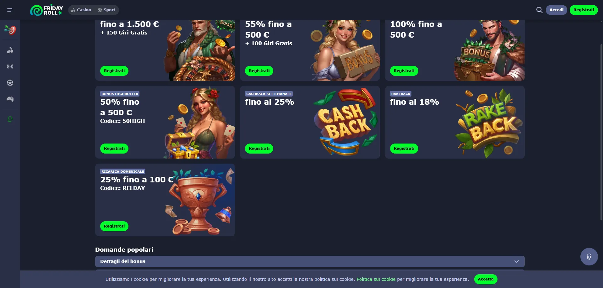 FridayRoll Casino promozioni continuative cashback e tornei slot