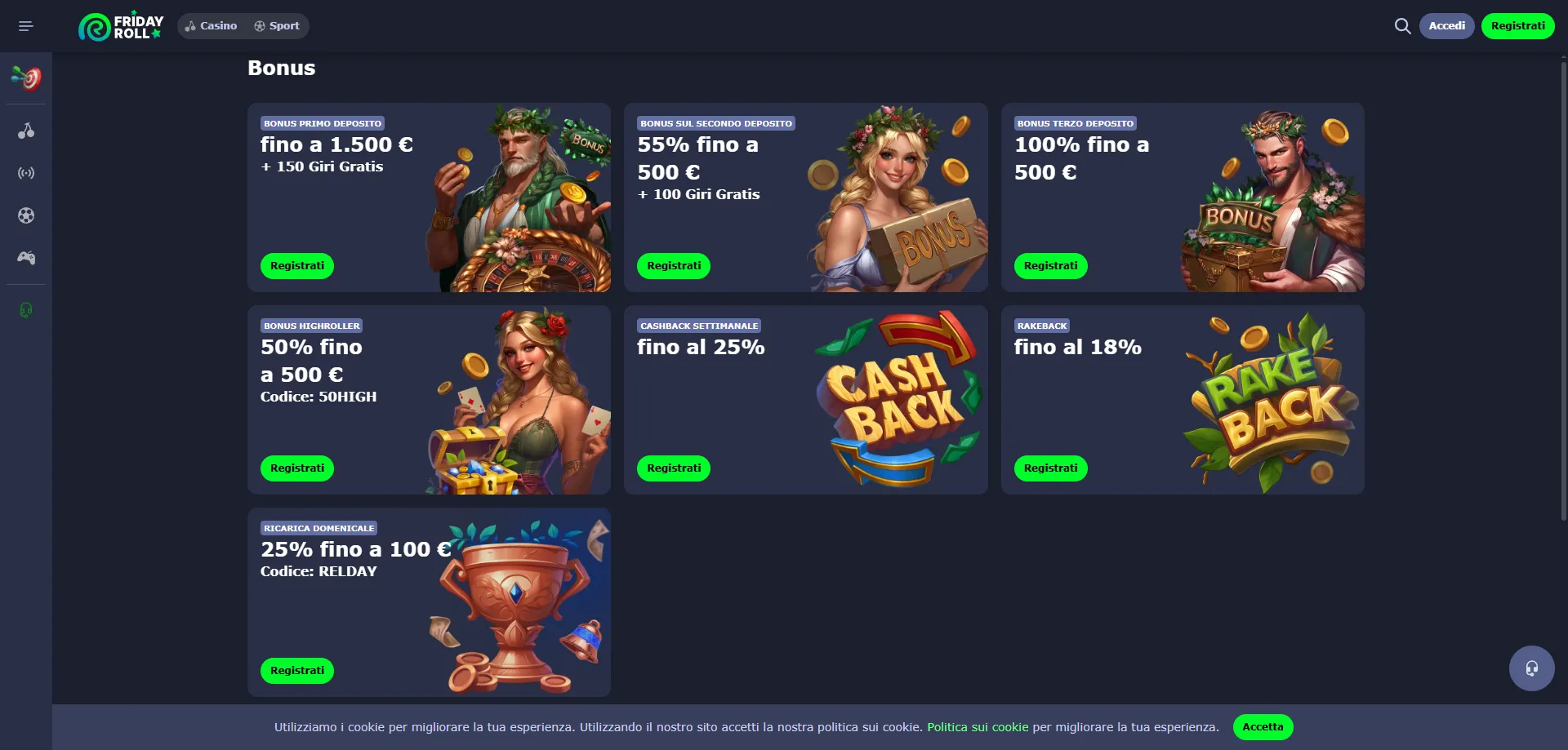 FridayRoll Casino bonus di benvenuto 250 giri gratuiti primo deposito