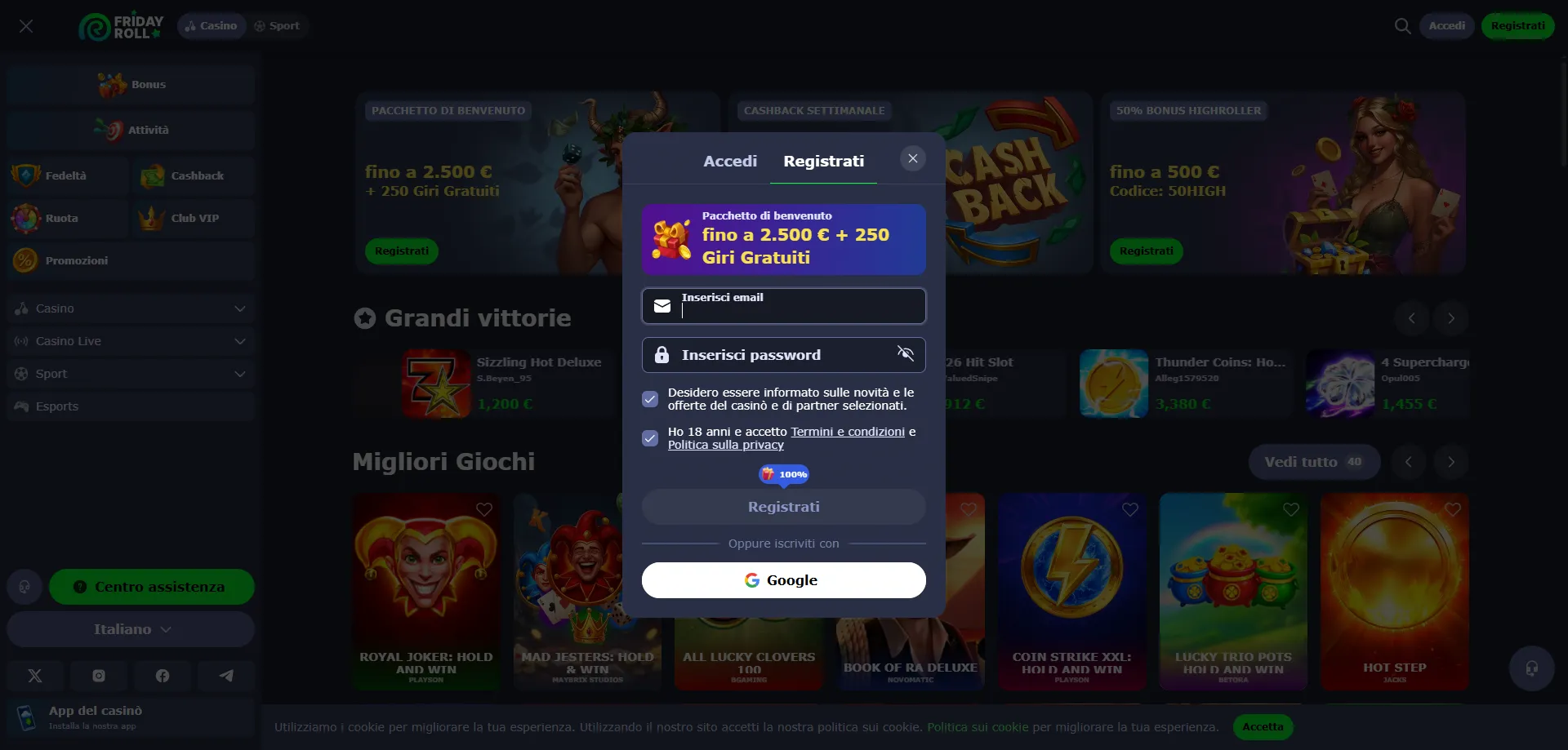 Registrazione FridayRoll Casino Italia &mdash; crea account in pochi minuti